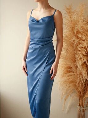 Boutique 1861 Blue Satin Slip Dress with Cowl Neck Sz M